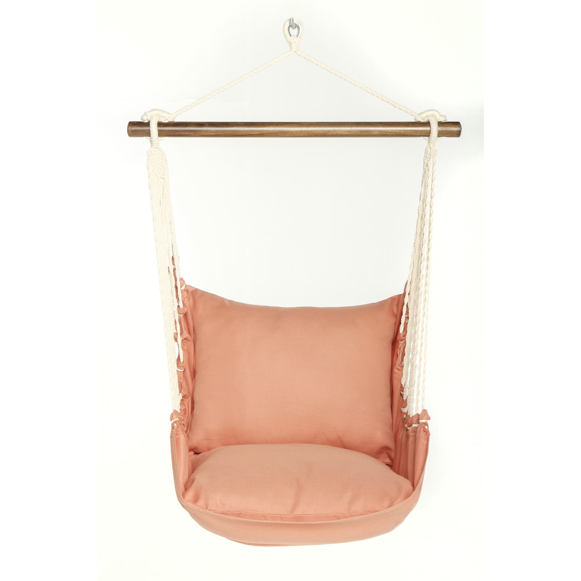 Multi colored outdoor swing crafted by the artisans of Magnolia Casual called the Swing Set 4 piece Living Coral w/ Living Coral featuring 100 percent weather resistant fabric, weather resistant polyester fabric, handcrafted shown against a clean backdrop featuring with a coral motif and shades of coral.