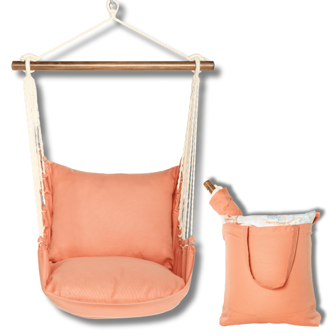 Multi colored outdoor swing crafted by the artisans of Magnolia Casual called the Swing Set 4 piece Living Coral w/ Living Coral featuring 100 percent weather resistant fabric, weather resistant polyester fabric, handcrafted shown against a clean backdrop featuring with a coral motif and shades of coral.