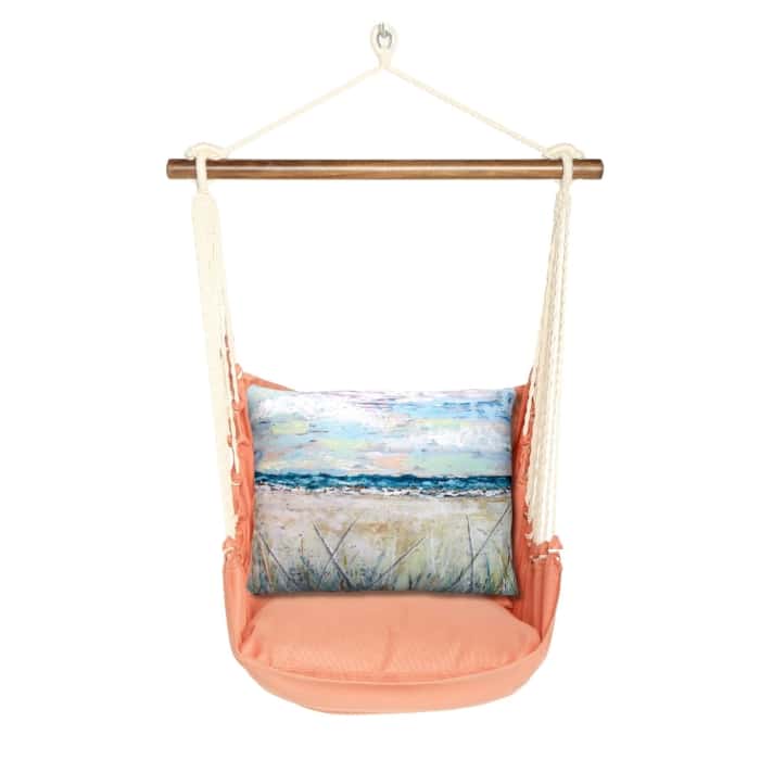 Multi colored outdoor swing crafted by the artisans of Magnolia Casual called the Swing Set 4 piece Living Coral w/ Coastal Landscape 2 featuring 100 percent weather resistant fabric, weather resistant polyester fabric, handcrafted shown against a clean backdrop featuring with a coral motif and shades of coral.
