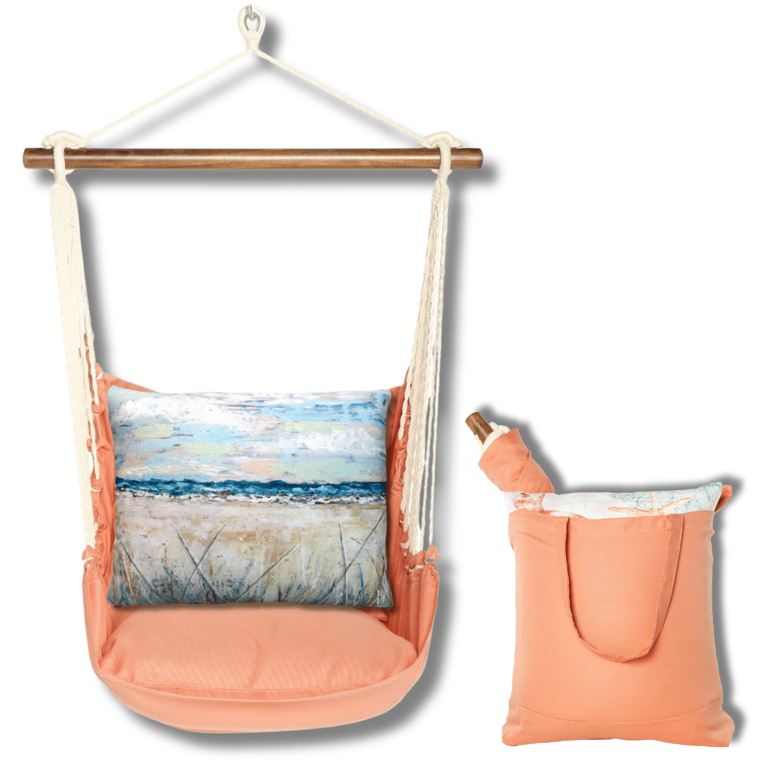 Multi colored outdoor swing crafted by the artisans of Magnolia Casual called the Swing Set 4 piece Living Coral w/ Coastal Landscape 2 featuring 100 percent weather resistant fabric, weather resistant polyester fabric, handcrafted shown against a clean backdrop featuring with a coral motif and shades of coral.