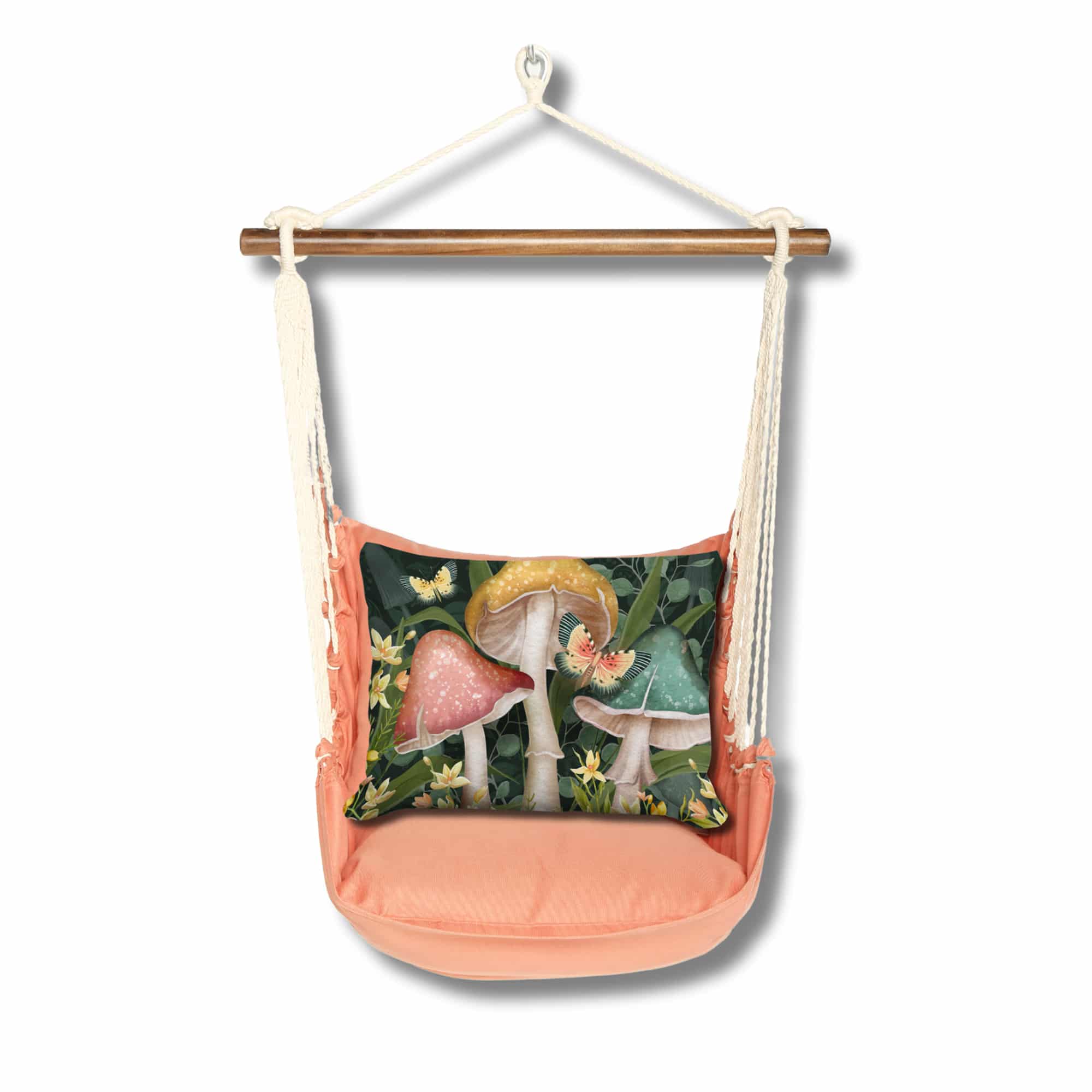 Multi colored outdoor swing crafted by the artisans of Magnolia Casual called the Swing Set 4 piece Living Coral w/ Mushroom Trio featuring 100 percent weather resistant fabric, weather resistant polyester fabric, handcrafted shown against a clean backdrop featuring with a coral motif and shades of coral.