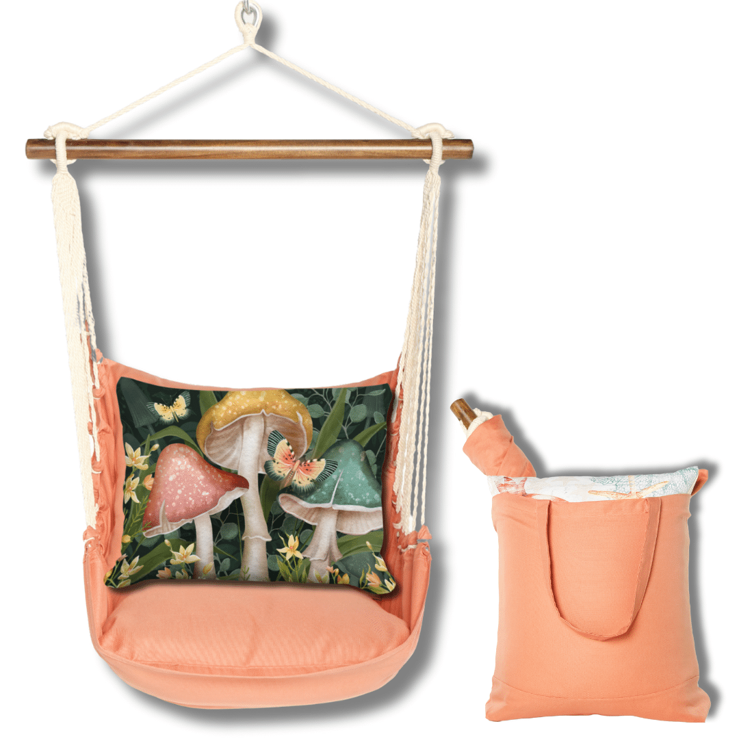 Multi colored outdoor swing crafted by the artisans of Magnolia Casual called the Swing Set 4 piece Living Coral w/ Mushroom Trio featuring 100 percent weather resistant fabric, weather resistant polyester fabric, handcrafted shown against a clean backdrop featuring with a coral motif and shades of coral.