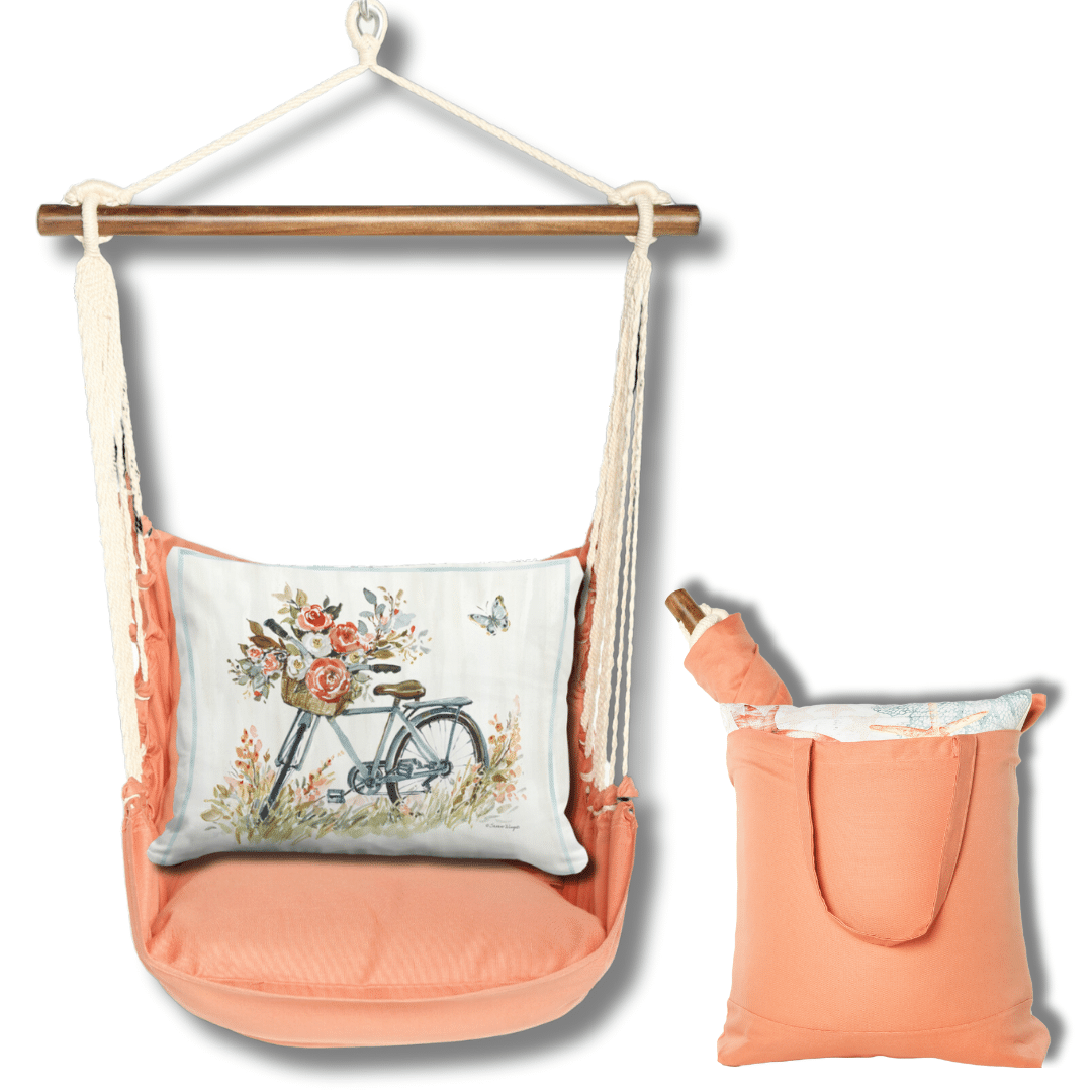 Multi colored outdoor swing crafted by the artisans of Magnolia Casual called the Swing Set 4 piece Living Coral w/ Bike with Flower Basket featuring 100 percent weather resistant fabric, weather resistant polyester fabric, handcrafted shown against a clean backdrop featuring with a coral motif and shades of coral.