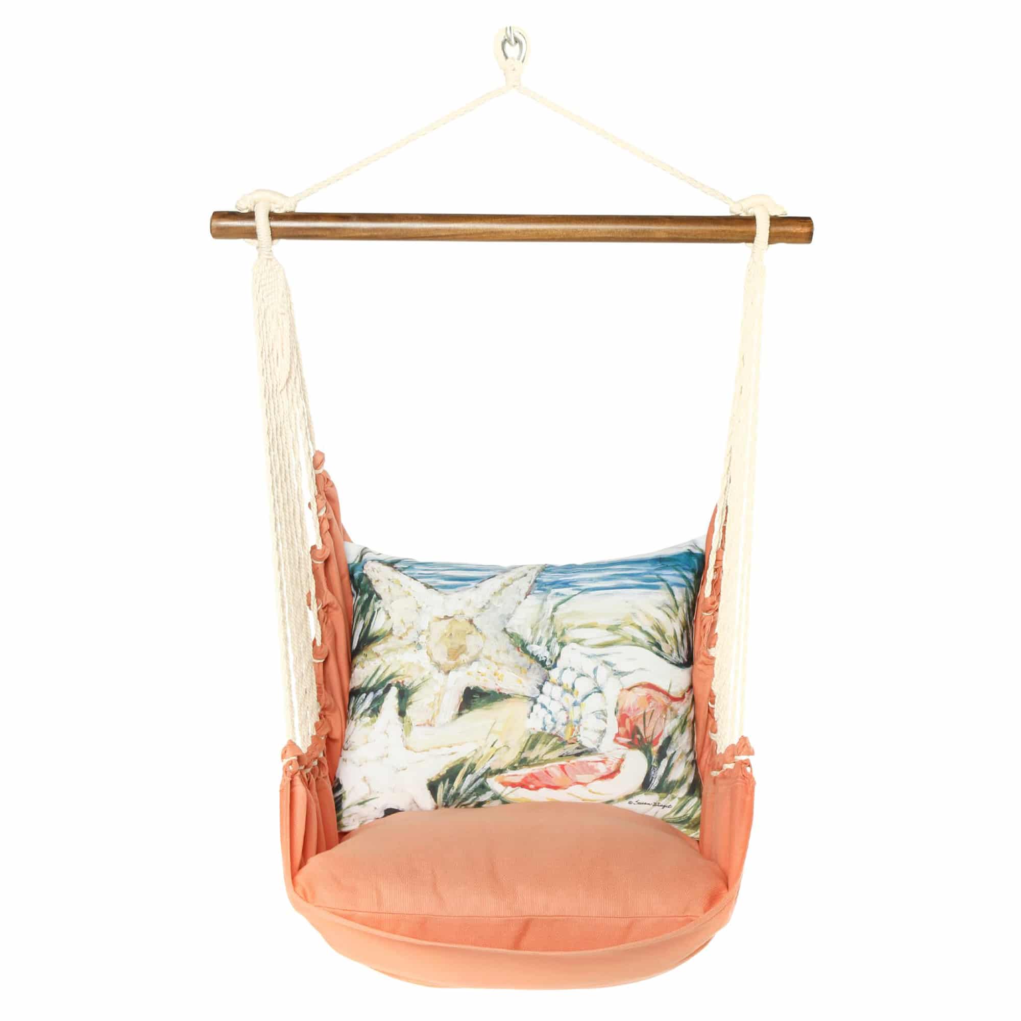 Multi colored outdoor swing crafted by the artisans of Magnolia Casual called the Swing Set 4 piece Living Coral w/ Seashells featuring 100 percent weather resistant fabric, weather resistant polyester fabric, handcrafted shown against a clean backdrop featuring with a coral motif and shades of coral.