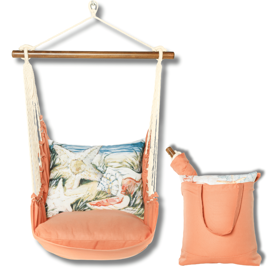 Multi colored outdoor swing crafted by the artisans of Magnolia Casual called the Swing Set 4 piece Living Coral w/ Seashells featuring 100 percent weather resistant fabric, weather resistant polyester fabric, handcrafted shown against a clean backdrop featuring with a coral motif and shades of coral.