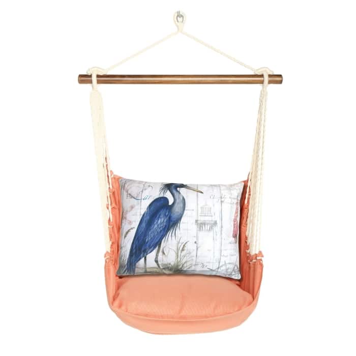 Multi colored outdoor swing crafted by the artisans of Magnolia Casual called the Swing Set 4 piece Living Coral w/ Majestic Heron featuring 100 percent weather resistant fabric, weather resistant polyester fabric, handcrafted shown against a clean backdrop featuring with a coral motif and shades of coral.