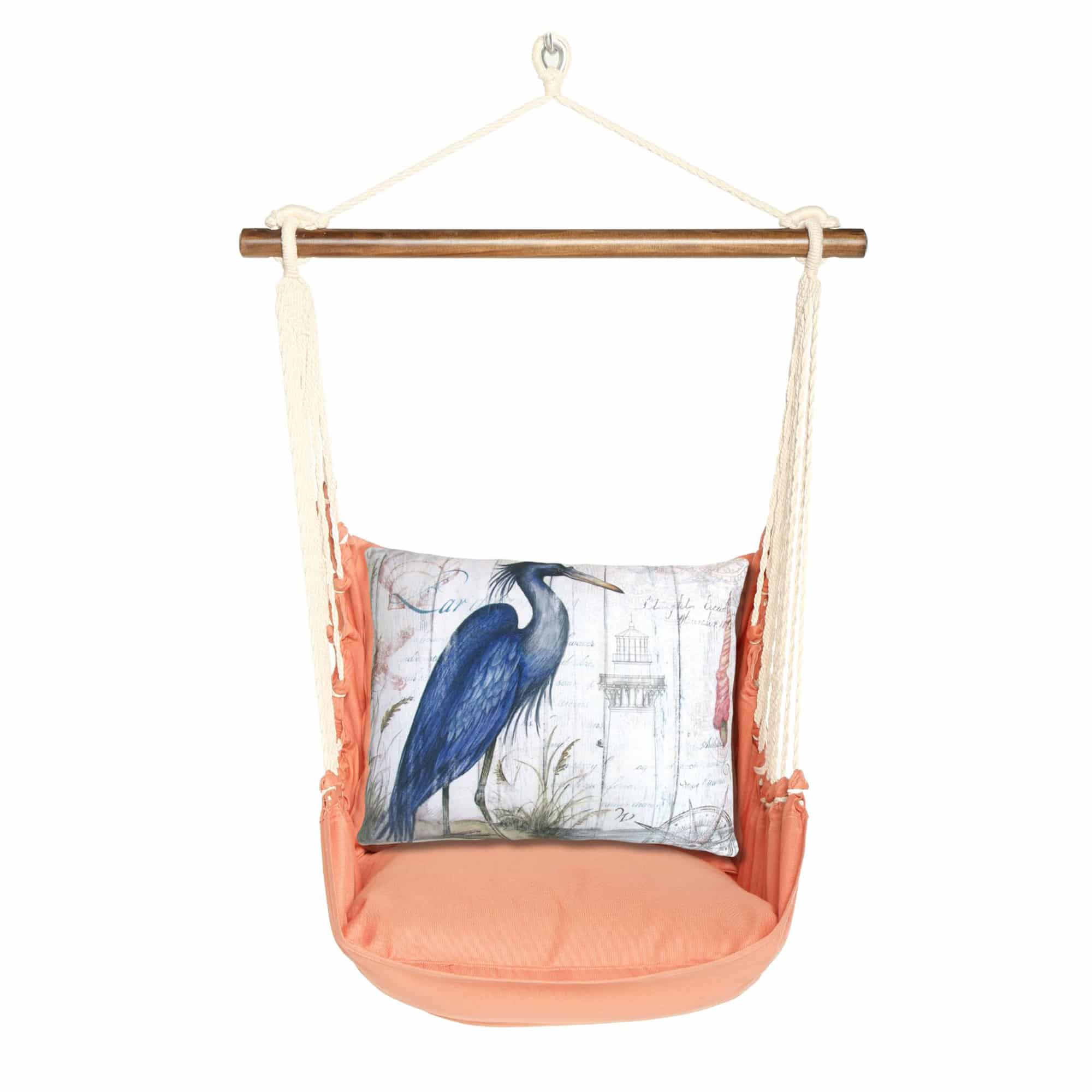 Multi colored outdoor swing crafted by the artisans of Magnolia Casual called the Swing Set 4 piece Living Coral w/ Majestic Heron featuring 100 percent weather resistant fabric, weather resistant polyester fabric, handcrafted shown against a clean backdrop featuring with a coral motif and shades of coral.