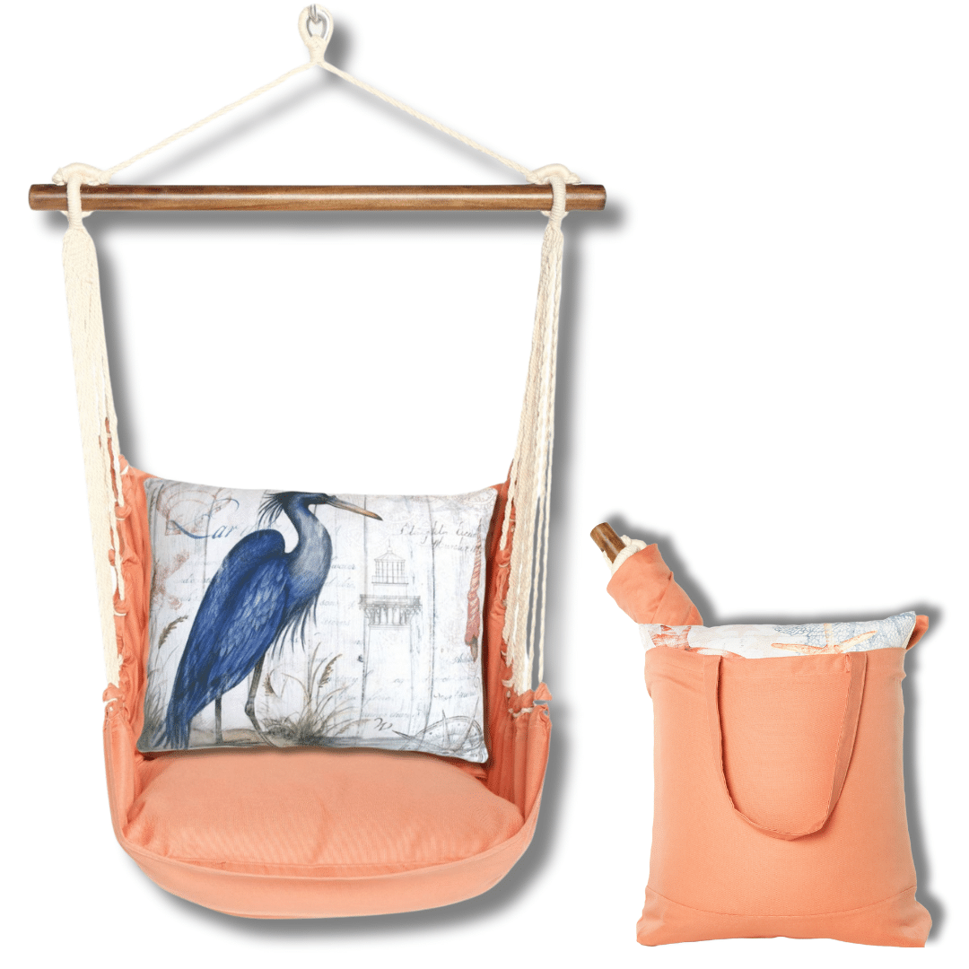 Multi colored outdoor swing crafted by the artisans of Magnolia Casual called the Swing Set 4 piece Living Coral w/ Majestic Heron featuring 100 percent weather resistant fabric, weather resistant polyester fabric, handcrafted shown against a clean backdrop featuring with a coral motif and shades of coral.