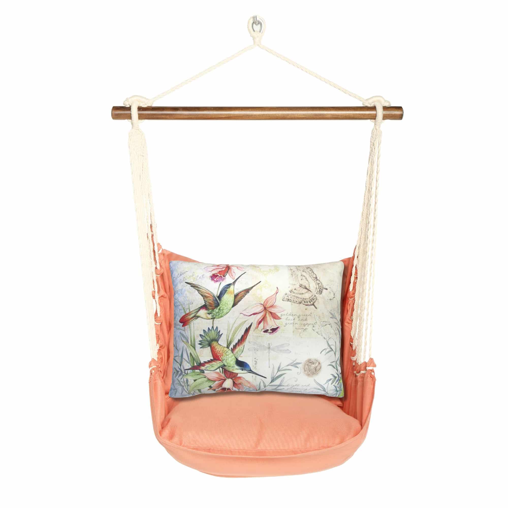 Multi colored outdoor swing crafted by the artisans of Magnolia Casual called the Swing Set 4 piece Living Coral w/ Hummingbirds featuring 100 percent weather resistant fabric, weather resistant polyester fabric, handcrafted shown against a clean backdrop featuring with a coral motif and shades of coral.