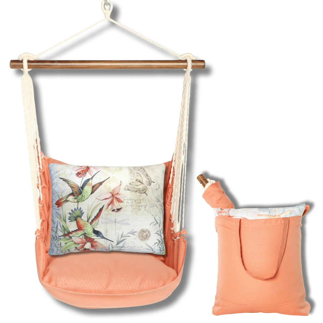 Multi colored outdoor swing crafted by the artisans of Magnolia Casual called the Swing Set 4 piece Living Coral w/ Hummingbirds featuring 100 percent weather resistant fabric, weather resistant polyester fabric, handcrafted shown against a clean backdrop featuring with a coral motif and shades of coral.