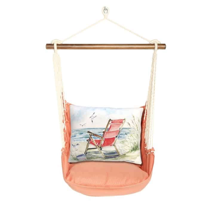 Red outdoor swing crafted by the artisans of Magnolia Casual called the Swing Set 4 piece Living Coral w/ Red Beach Chair featuring 100 percent weather resistant fabric, weather resistant polyester fabric, handcrafted shown against a clean backdrop featuring with a coral motif and shades of coral and red.