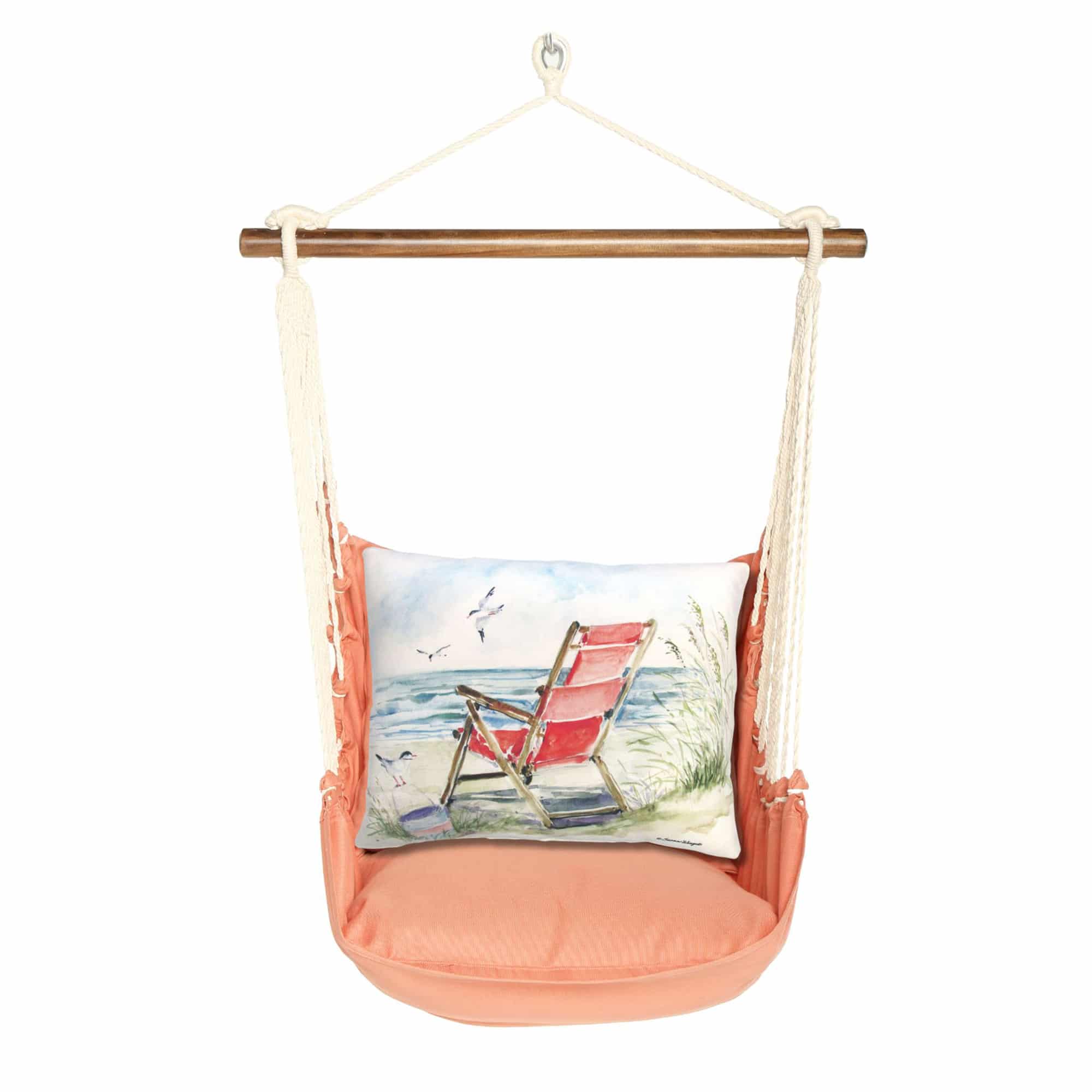 Red outdoor swing crafted by the artisans of Magnolia Casual called the Swing Set 4 piece Living Coral w/ Red Beach Chair featuring 100 percent weather resistant fabric, weather resistant polyester fabric, handcrafted shown against a clean backdrop featuring with a coral motif and shades of coral and red.