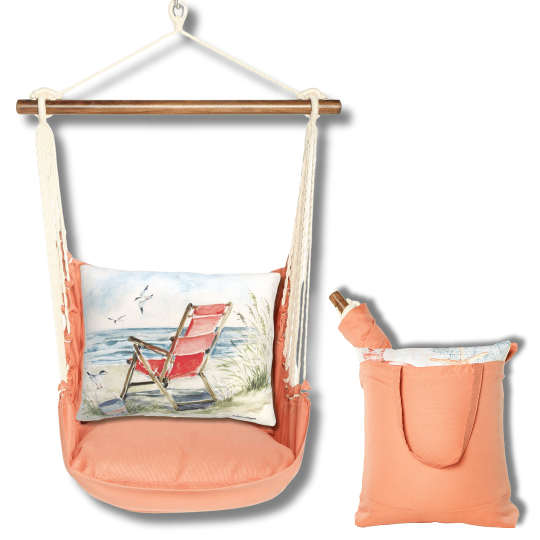 Red outdoor swing crafted by the artisans of Magnolia Casual called the Swing Set 4 piece Living Coral w/ Red Beach Chair featuring 100 percent weather resistant fabric, weather resistant polyester fabric, handcrafted shown against a clean backdrop featuring with a coral motif and shades of coral and red.