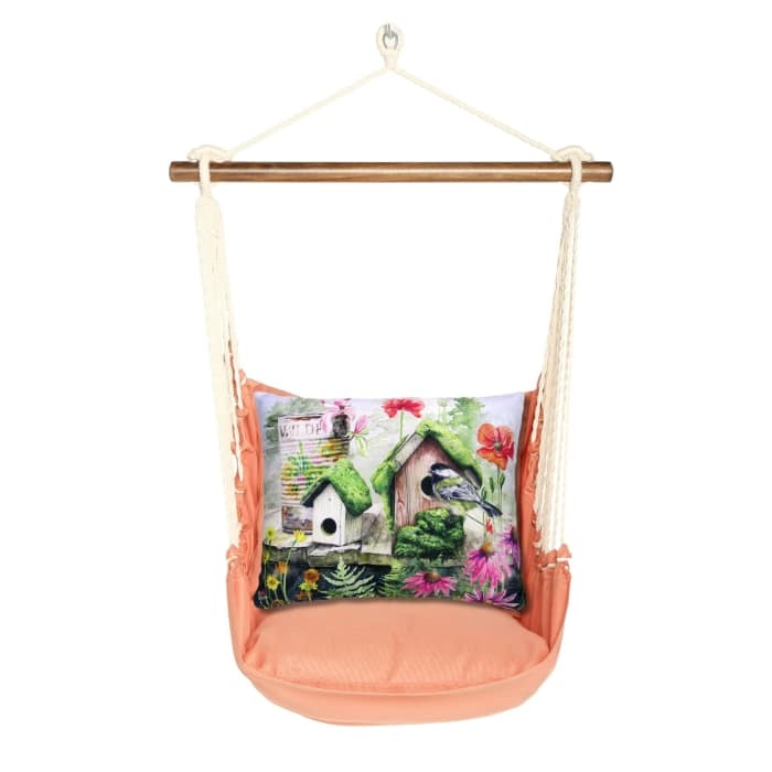 Multi colored outdoor swing crafted by the artisans of Magnolia Casual called the Swing Set 4 piece Living Coral w/ Garden Birdhouses featuring 100 percent weather resistant fabric, weather resistant polyester fabric, handcrafted shown against a clean backdrop featuring with a coral motif and shades of coral.