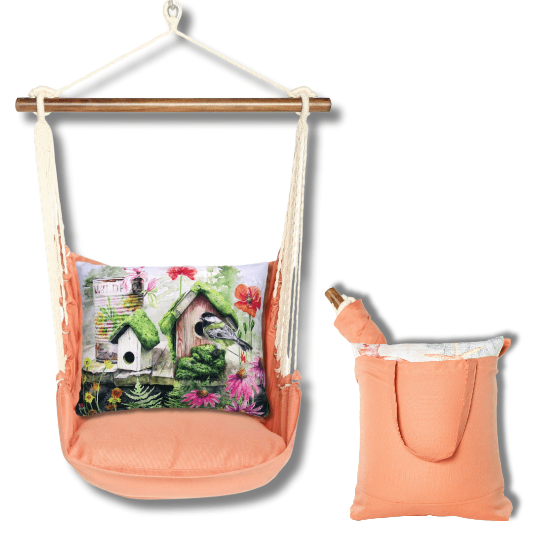 Multi colored outdoor swing crafted by the artisans of Magnolia Casual called the Swing Set 4 piece Living Coral w/ Garden Birdhouses featuring 100 percent weather resistant fabric, weather resistant polyester fabric, handcrafted shown against a clean backdrop featuring with a coral motif and shades of coral.