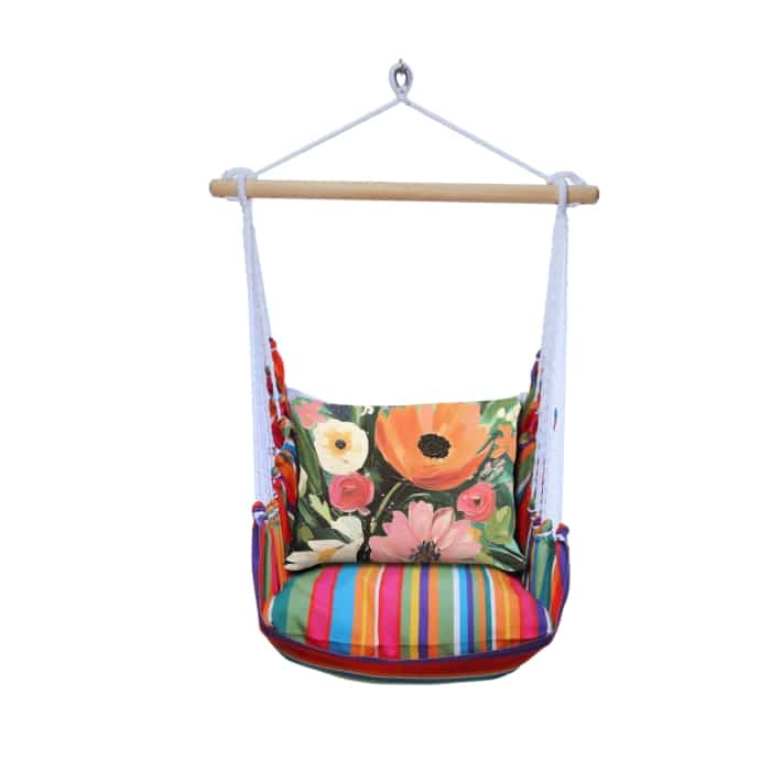 Multi colored outdoor swing crafted by the artisans of Magnolia Casual called the Swing Set 4 piece Le Jardin Stripe w/ Spring Fling featuring 100 percent weather resistant fabric, weather resistant polyester fabric, handcrafted shown against a clean backdrop featuring with a stripe motif.