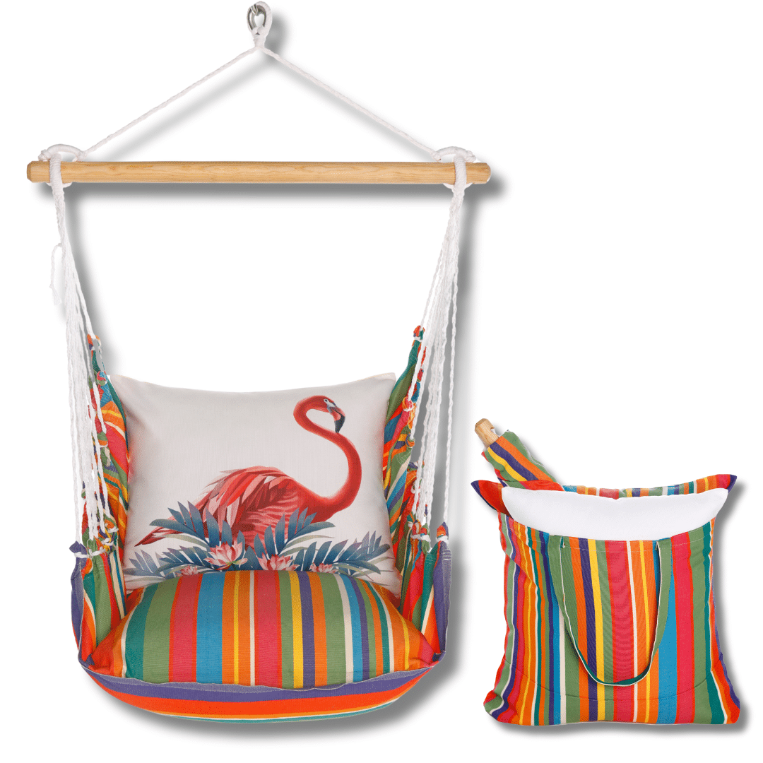 Pink outdoor swing crafted by the artisans of Magnolia Casual called the Swing Set 4 piece Le Jardin Stripe w/ Vivid Flamingo Pink featuring 100 percent weather resistant fabric, weather resistant polyester fabric, handcrafted shown against a clean backdrop featuring with a stripe motif and shades of pink.