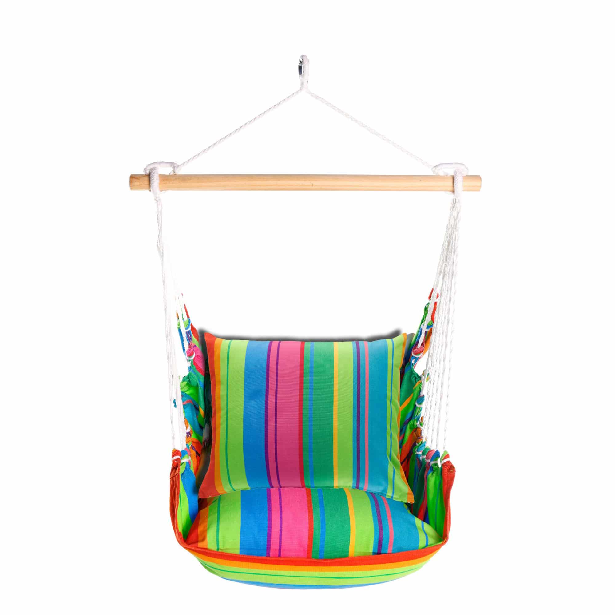 Multi colored outdoor swing crafted by the artisans of Magnolia Casual called the Swing Set 4 piece Le Jardin Nouveau w/ Le Jardin Nouveau featuring 100 percent weather resistant fabric, weather resistant polyester fabric, handcrafted shown against a clean backdrop.