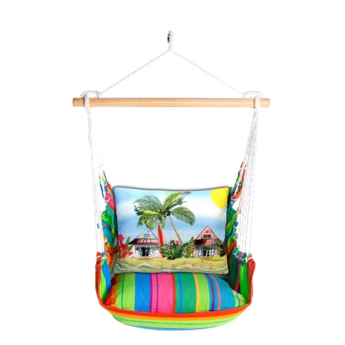 Multi colored outdoor swing crafted by the artisans of Magnolia Casual called the Swing Set 4 piece Le Jardin Nouveau w/ Surf Shacks featuring 100 percent weather resistant fabric, weather resistant polyester fabric, handcrafted shown against a clean backdrop.