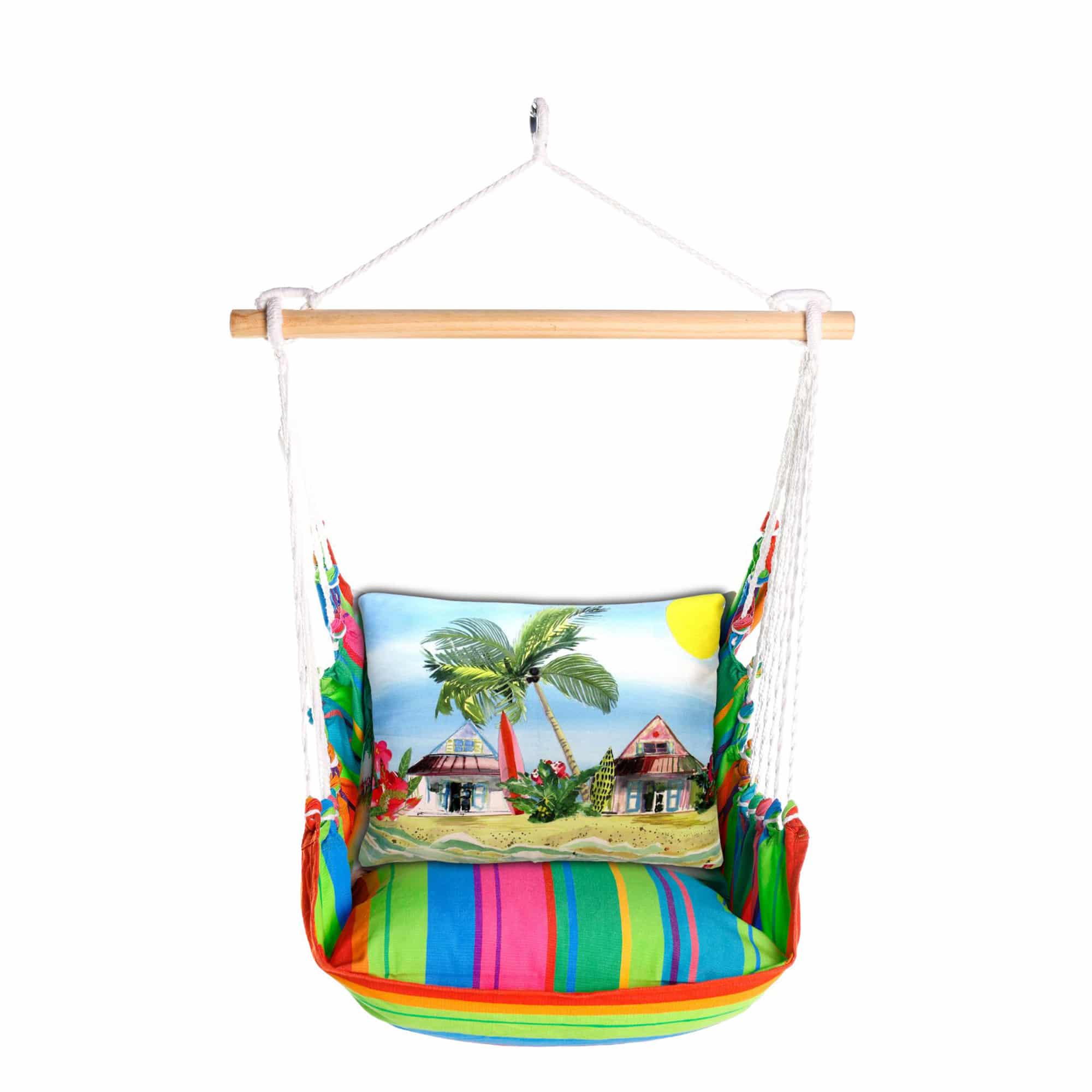 Multi colored outdoor swing crafted by the artisans of Magnolia Casual called the Swing Set 4 piece Le Jardin Nouveau w/ Surf Shacks featuring 100 percent weather resistant fabric, weather resistant polyester fabric, handcrafted shown against a clean backdrop.