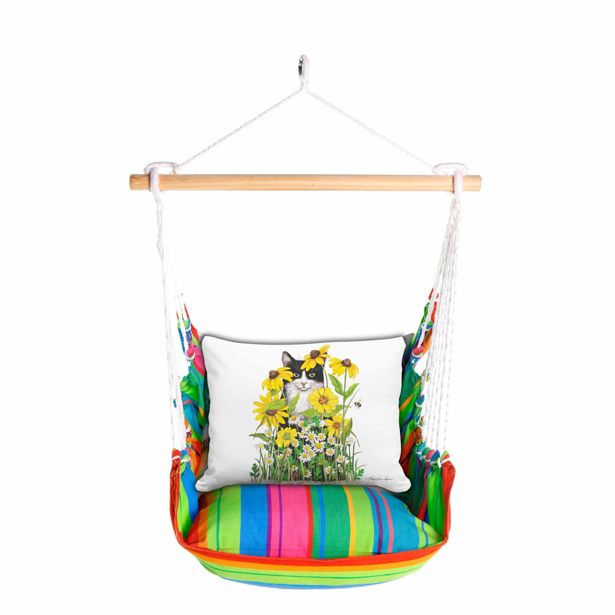 Multi colored outdoor swing crafted by the artisans of Magnolia Casual called the Swing Set 4 piece Le Jardin Nouveau w/ Cat with Daisies featuring 100 percent weather resistant fabric, weather resistant polyester fabric, handcrafted shown against a clean backdrop featuring with a cat motif.
