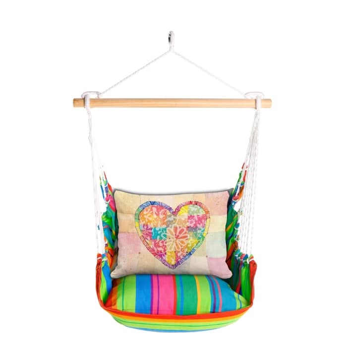 Multi colored outdoor swing crafted by the artisans of Magnolia Casual called the Swing Set 4 piece Le Jardin Nouveau w/ Colorful Heart featuring 100 percent weather resistant fabric, weather resistant polyester fabric, handcrafted shown against a clean backdrop.