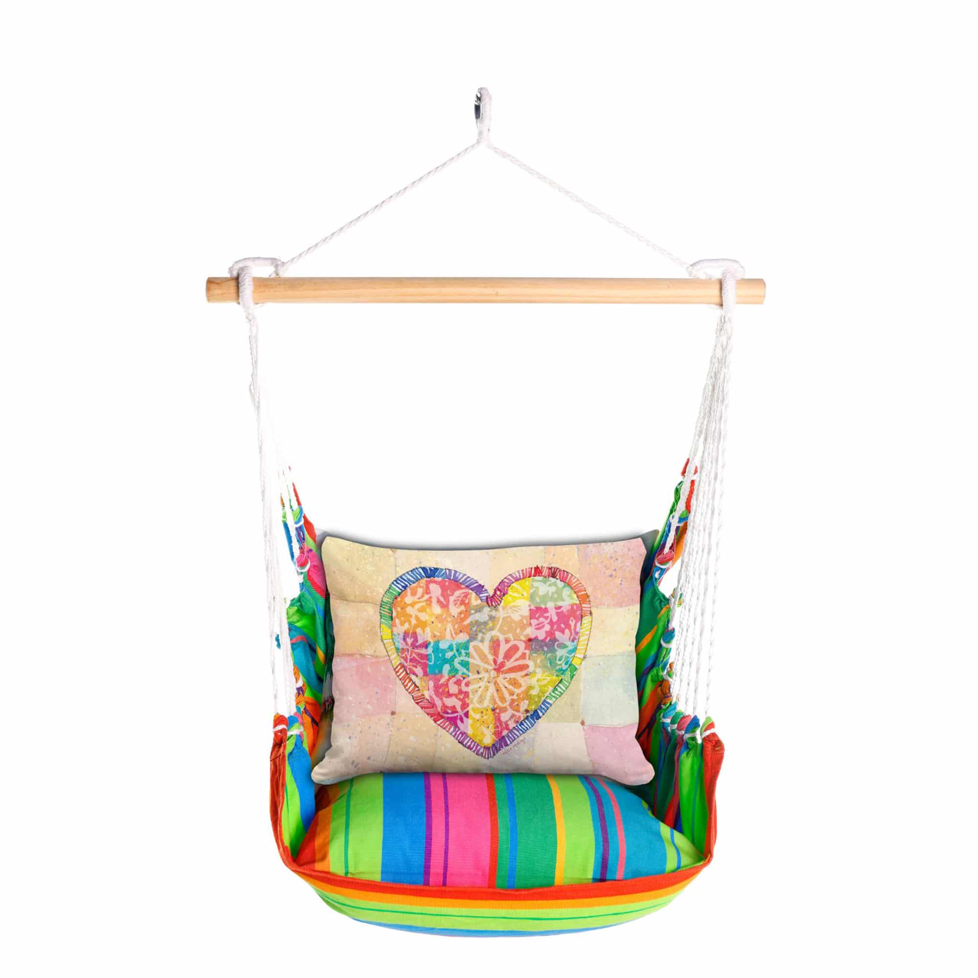 Multi colored outdoor swing crafted by the artisans of Magnolia Casual called the Swing Set 4 piece Le Jardin Nouveau w/ Colorful Heart featuring 100 percent weather resistant fabric, weather resistant polyester fabric, handcrafted shown against a clean backdrop.