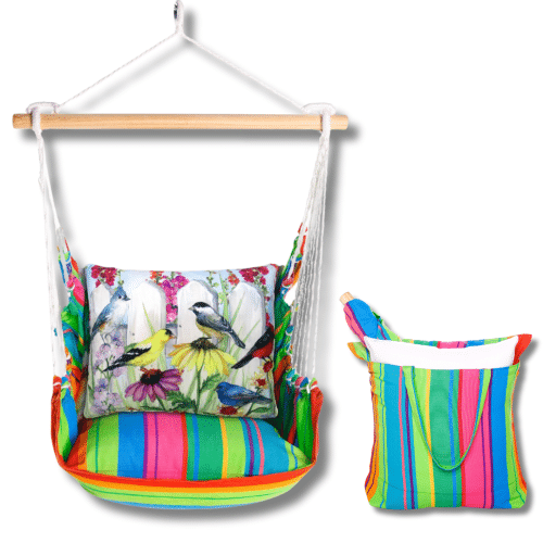 Multi colored outdoor swing crafted by the artisans of Magnolia Casual called the Swing Set 4 piece Le Jardin Nouveau w/ Bird's Song featuring 100 percent weather resistant fabric, weather resistant polyester fabric, handcrafted shown against a clean backdrop featuring with a bird motif.