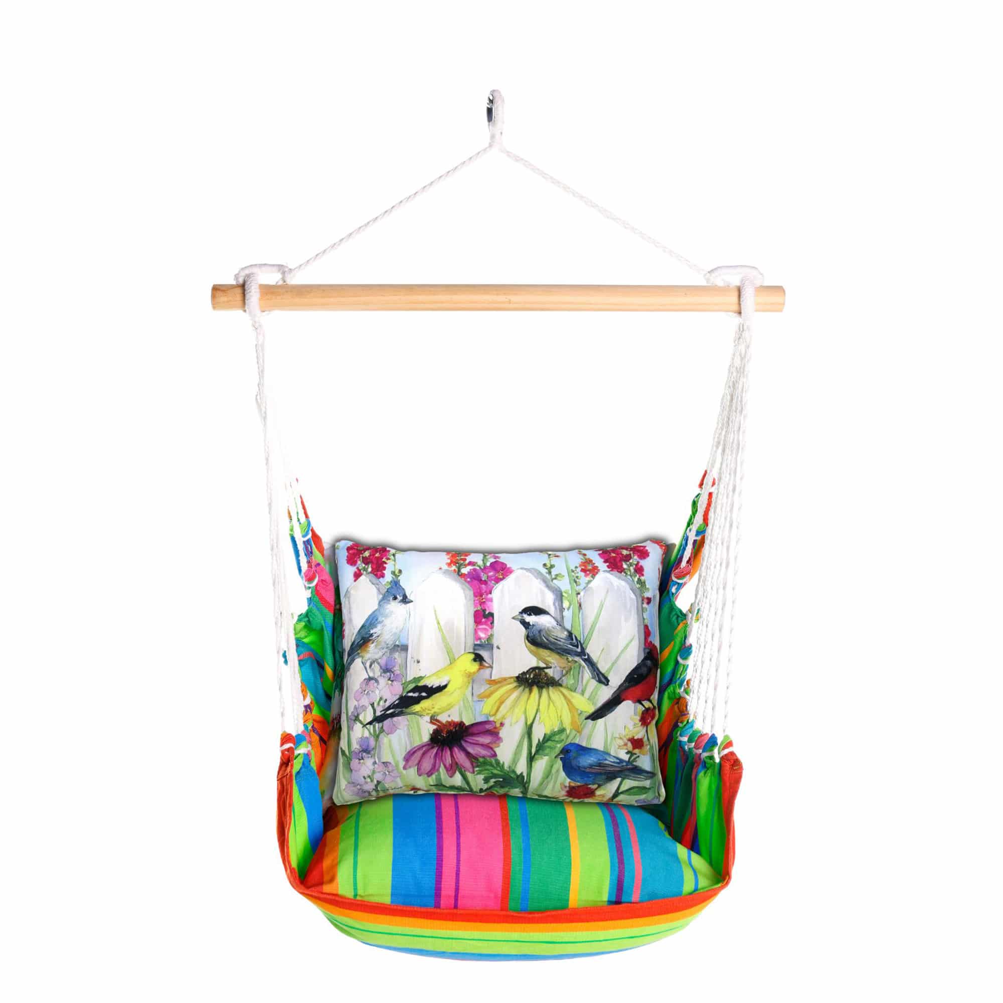 Multi colored outdoor swing crafted by the artisans of Magnolia Casual called the Swing Set 4 piece Le Jardin Nouveau w/ Bird's Song featuring 100 percent weather resistant fabric, weather resistant polyester fabric, handcrafted shown against a clean backdrop featuring with a bird motif.