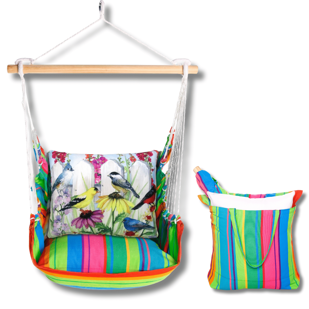 Multi colored outdoor swing crafted by the artisans of Magnolia Casual called the Swing Set 4 piece Le Jardin Nouveau w/ Bird's Song featuring 100 percent weather resistant fabric, weather resistant polyester fabric, handcrafted shown against a clean backdrop featuring with a bird motif.