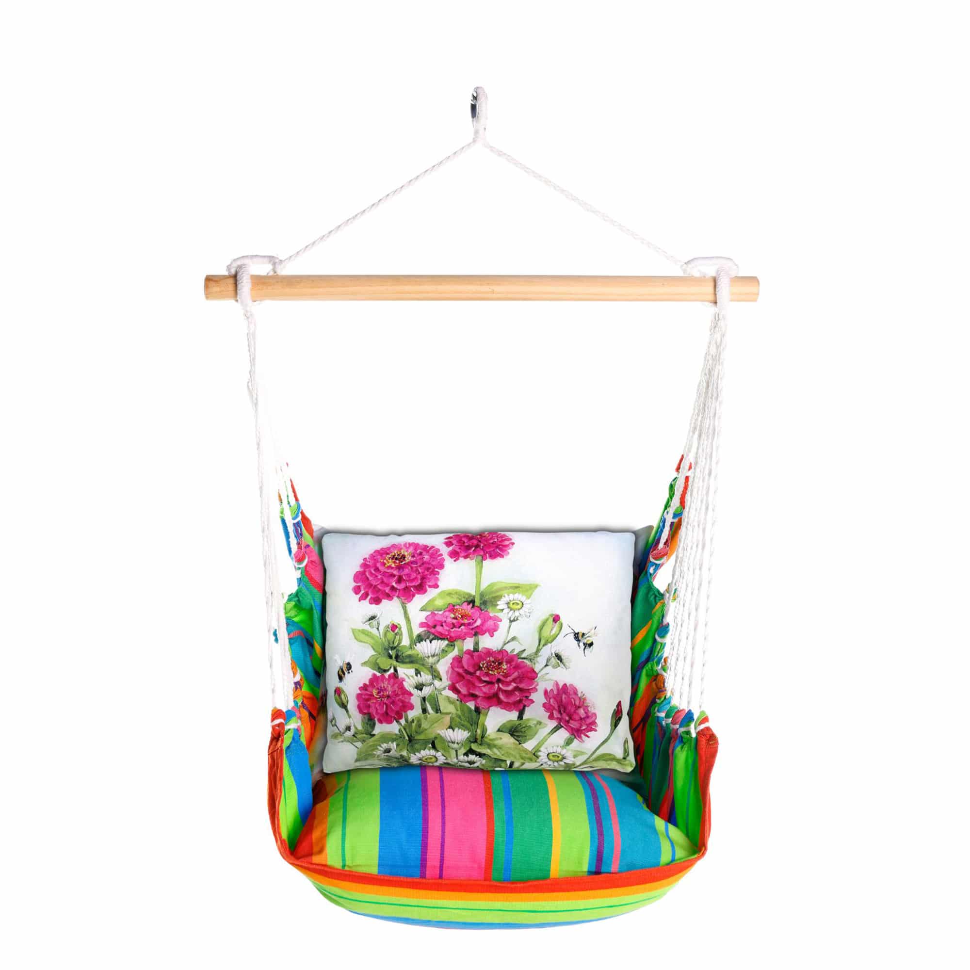 Pink outdoor swing crafted by the artisans of Magnolia Casual called the Swing Set 4 piece Le Jardin Nouveau w/ Pink Zinnias featuring 100 percent weather resistant fabric, weather resistant polyester fabric, handcrafted shown against a clean backdrop featuring shades of pink.