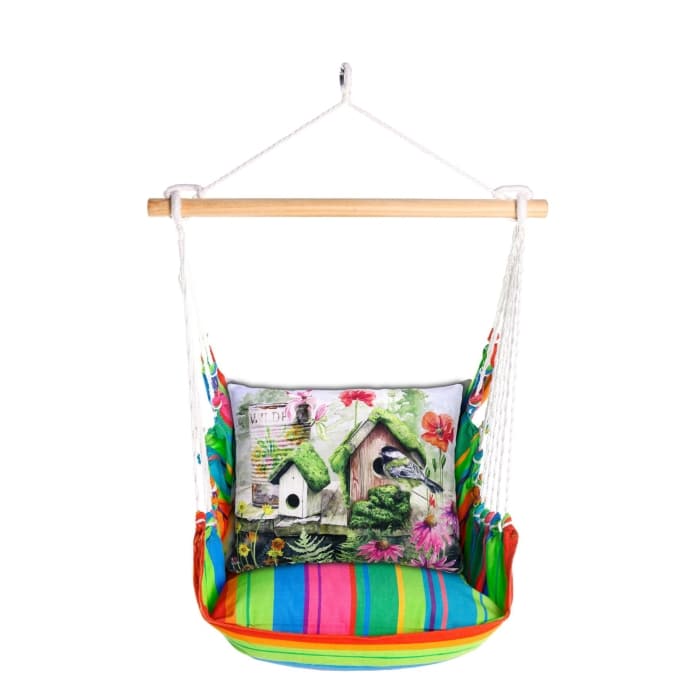 Multi colored outdoor swing crafted by the artisans of Magnolia Casual called the Swing Set 4 piece Le Jardin Nouveau w/ Garden Birdhouses featuring 100 percent weather resistant fabric, weather resistant polyester fabric, handcrafted shown against a clean backdrop.