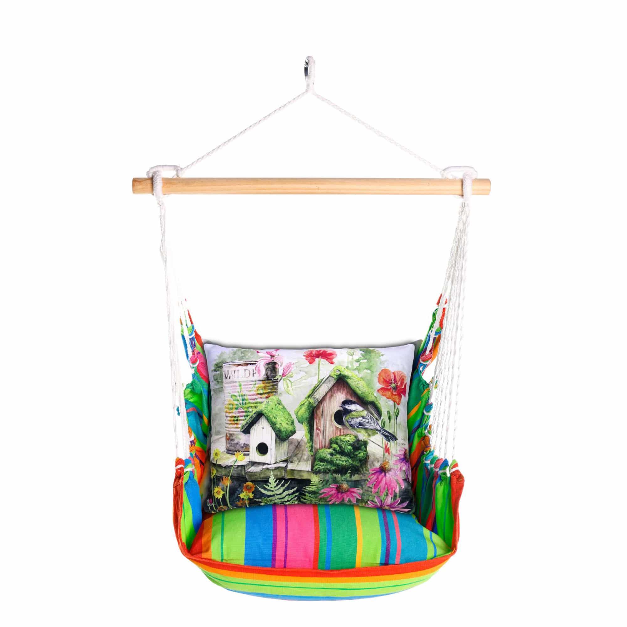 Multi colored outdoor swing crafted by the artisans of Magnolia Casual called the Swing Set 4 piece Le Jardin Nouveau w/ Garden Birdhouses featuring 100 percent weather resistant fabric, weather resistant polyester fabric, handcrafted shown against a clean backdrop.