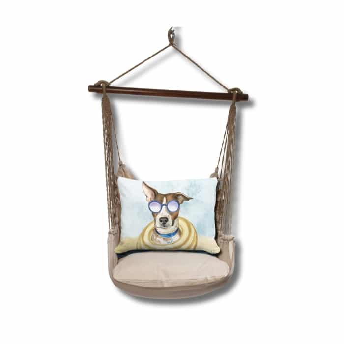 Multi colored outdoor swing crafted by the artisans of Magnolia Casual called the Swing Set 4 piece Latte Solid w/ Cool Dog featuring 100 percent weather resistant fabric, weather resistant polyester fabric, handcrafted shown against a clean backdrop featuring with a dog motif.