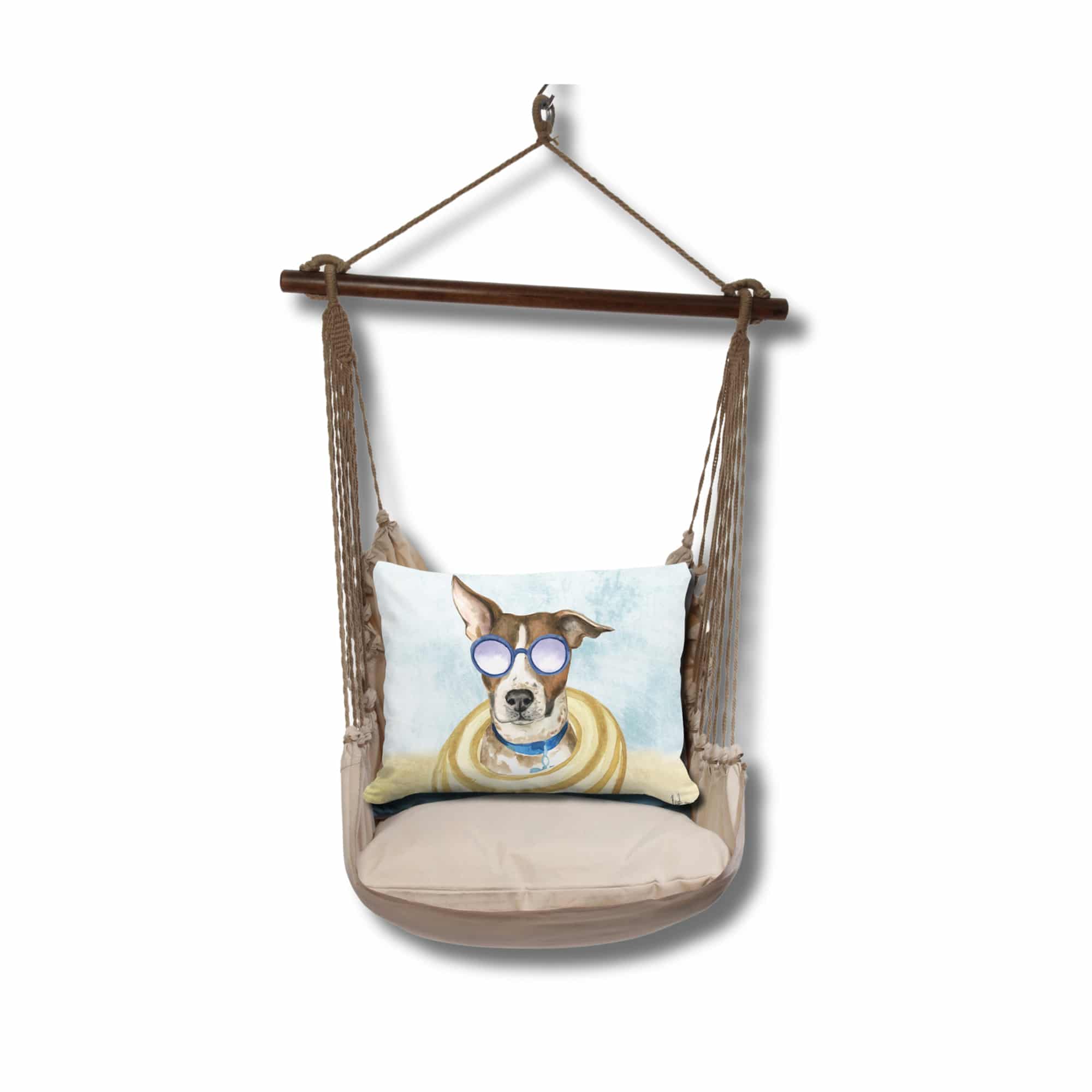 Multi colored outdoor swing crafted by the artisans of Magnolia Casual called the Swing Set 4 piece Latte Solid w/ Cool Dog featuring 100 percent weather resistant fabric, weather resistant polyester fabric, handcrafted shown against a clean backdrop featuring with a dog motif.