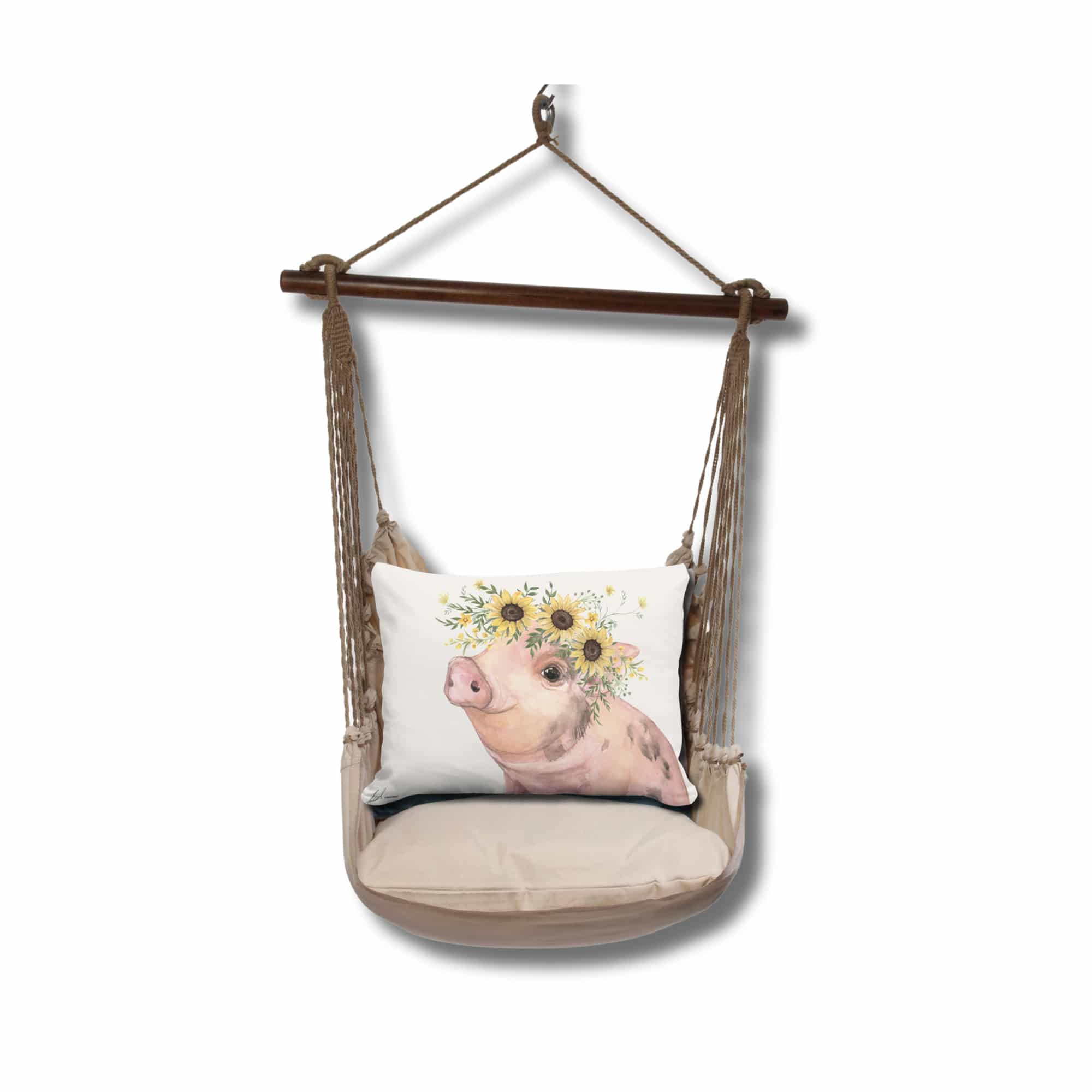 Multi colored outdoor swing crafted by the artisans of Magnolia Casual called the Swing Set 4 piece Latte Solid w/ Pig with Sunflowers featuring 100 percent weather resistant fabric, weather resistant polyester fabric, handcrafted shown against a clean backdrop.