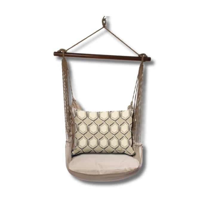 Multi colored outdoor swing crafted by the artisans of Magnolia Casual called the Swing Set 4 piece Latte Solid w/ Vintage Mirrors featuring 100 percent weather resistant fabric, weather resistant polyester fabric, handcrafted shown against a clean backdrop.