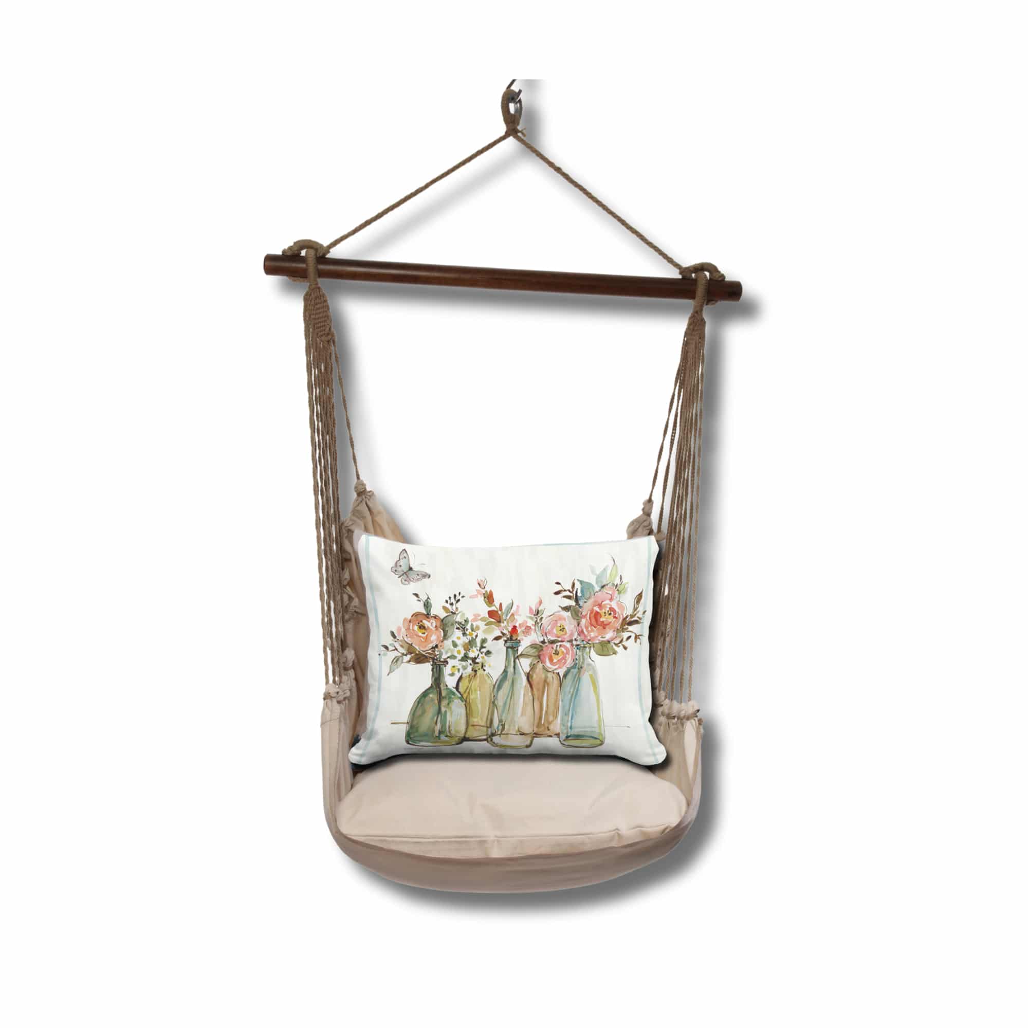 Multi colored outdoor swing crafted by the artisans of Magnolia Casual called the Swing Set 4 piece Latte Solid w/ Flowers in Glass Bottles featuring 100 percent weather resistant fabric, weather resistant polyester fabric, handcrafted shown against a clean backdrop.