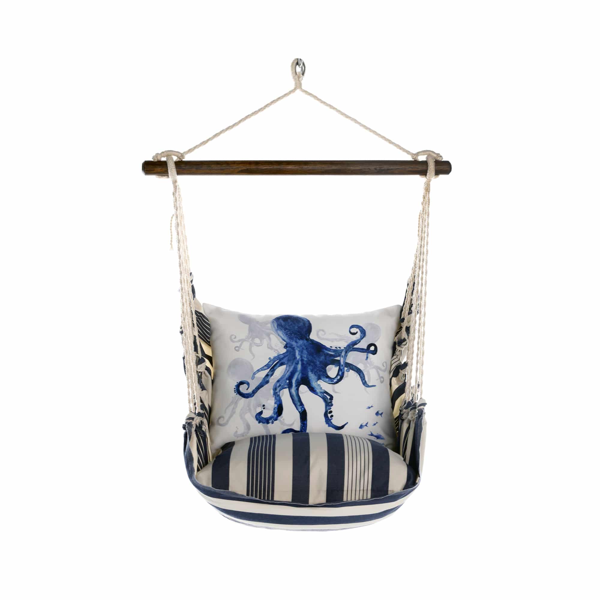 Multi colored outdoor swing crafted by the artisans of Magnolia Casual called the Swing Set 4 piece Marina Stripe w/ Indigo Octopus featuring 100 percent weather resistant fabric, weather resistant polyester fabric, handcrafted shown against a clean backdrop featuring with a stripe motif.