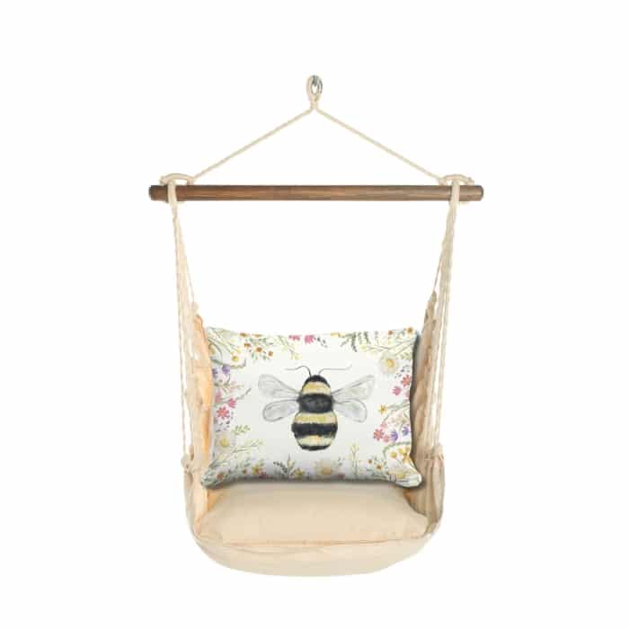 Multi colored outdoor swing crafted by the artisans of Magnolia Casual called the Swing Set 4 piece Magnolia Stripe w/ Floral Bee featuring 100 percent weather resistant fabric, weather resistant polyester fabric, handcrafted shown against a clean backdrop featuring with a magnolia motif.