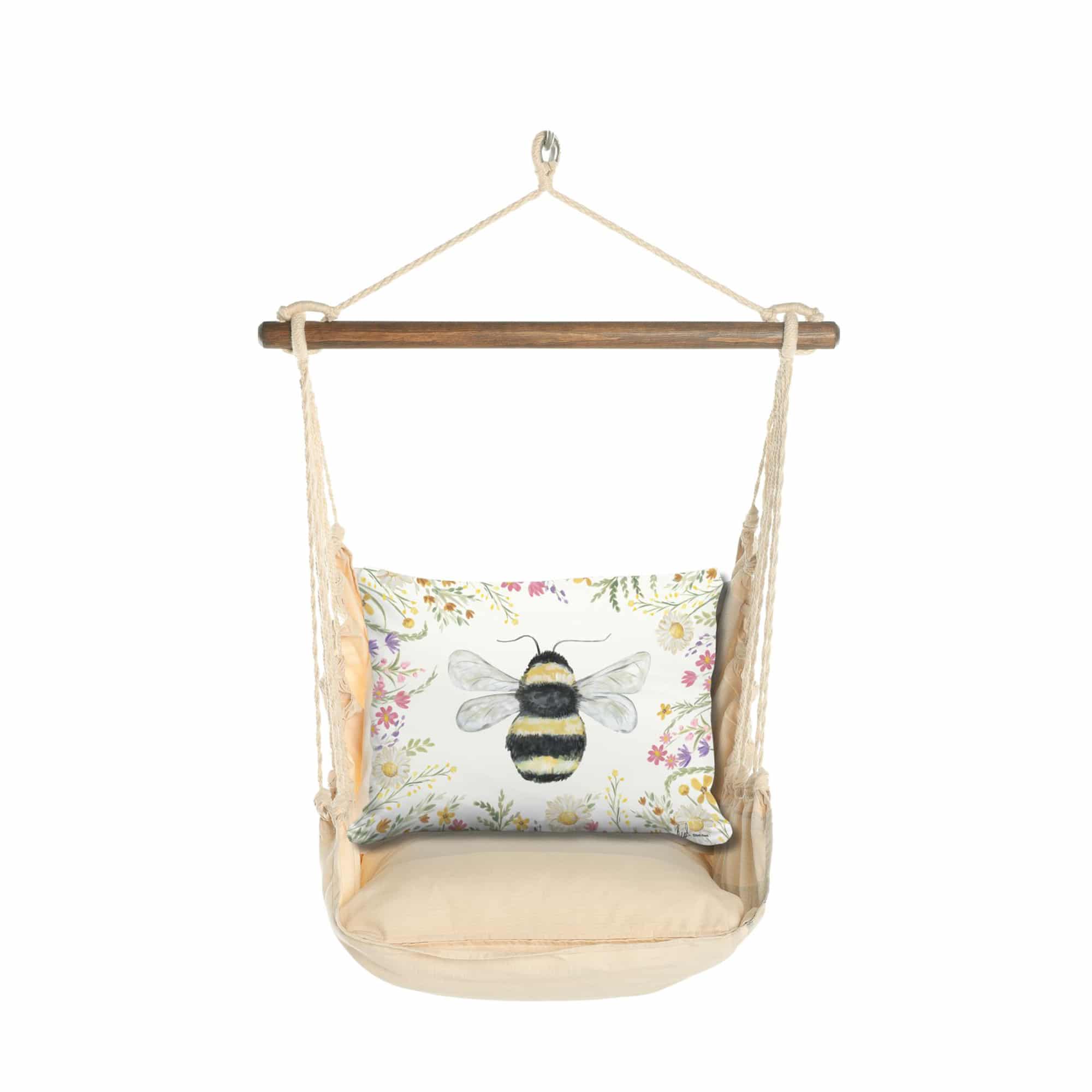 Multi colored outdoor swing crafted by the artisans of Magnolia Casual called the Swing Set 4 piece Magnolia Stripe w/ Floral Bee featuring 100 percent weather resistant fabric, weather resistant polyester fabric, handcrafted shown against a clean backdrop featuring with a magnolia motif.