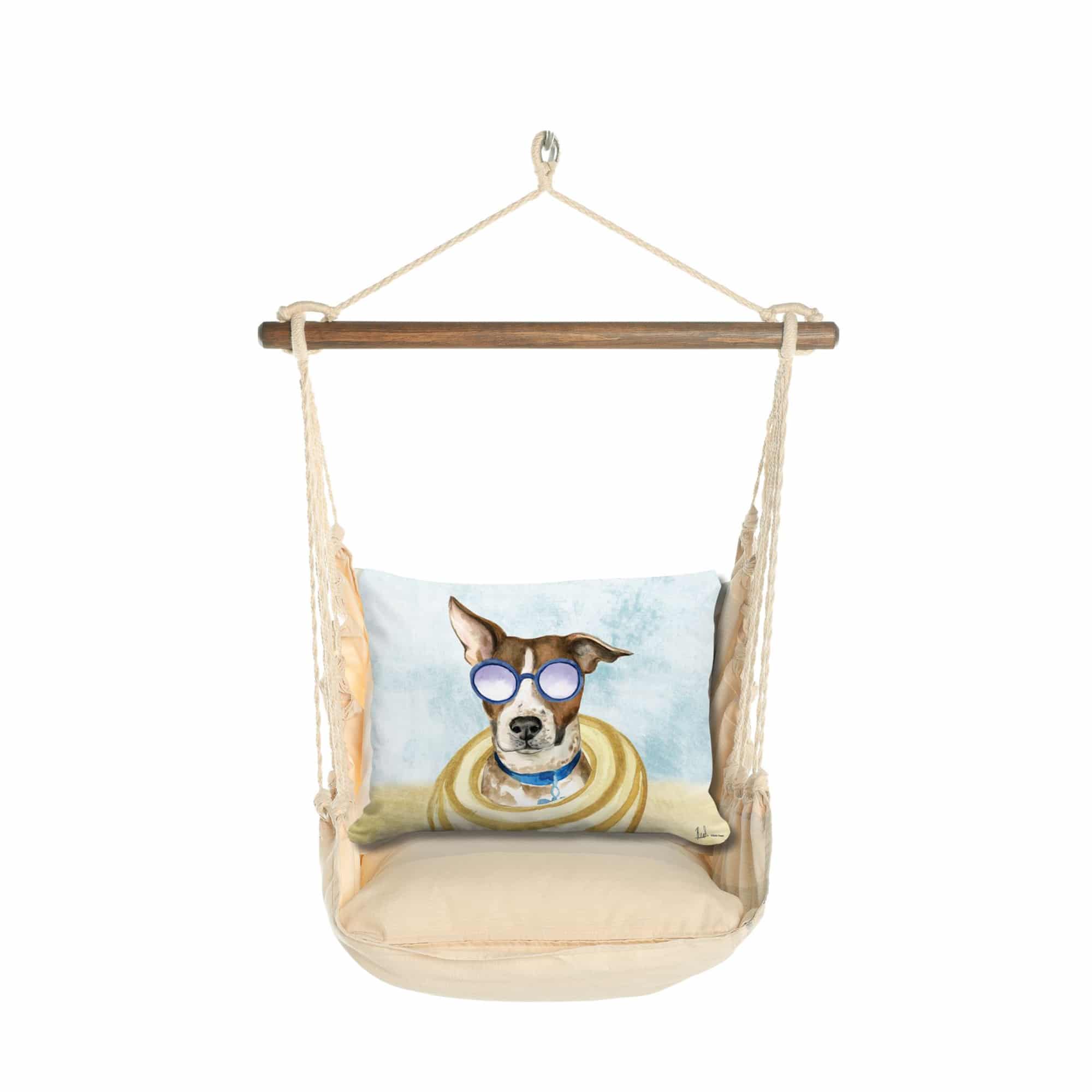 Multi colored outdoor swing crafted by the artisans of Magnolia Casual called the Swing Set 4 piece Magnolia Stripe w/ Cool Dog featuring 100 percent weather resistant fabric, weather resistant polyester fabric, handcrafted shown against a clean backdrop featuring with a magnolia motif.