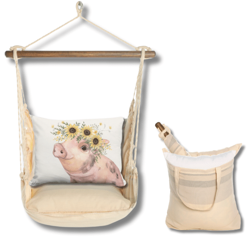 Multi colored outdoor swing crafted by the artisans of Magnolia Casual called the Swing Set 4 piece Magnolia Stripe w/ Pig with Sunflowers featuring 100 percent weather resistant fabric, weather resistant polyester fabric, handcrafted shown against a clean backdrop featuring with a magnolia motif.