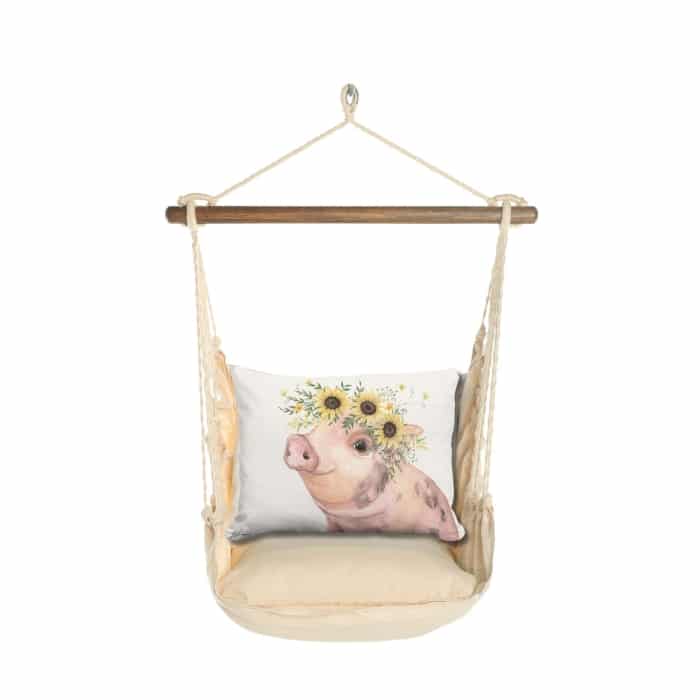 Multi colored outdoor swing crafted by the artisans of Magnolia Casual called the Swing Set 4 piece Magnolia Stripe w/ Pig with Sunflowers featuring 100 percent weather resistant fabric, weather resistant polyester fabric, handcrafted shown against a clean backdrop featuring with a magnolia motif.