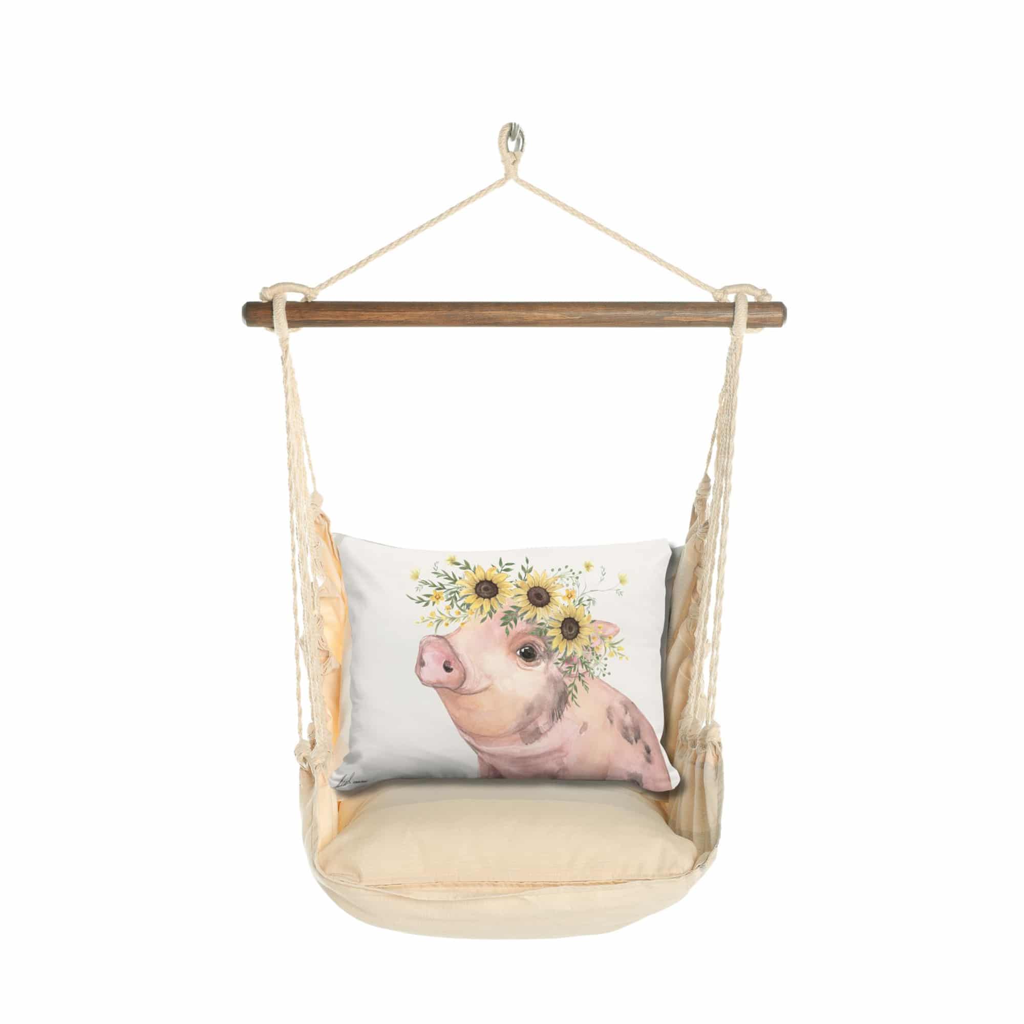 Multi colored outdoor swing crafted by the artisans of Magnolia Casual called the Swing Set 4 piece Magnolia Stripe w/ Pig with Sunflowers featuring 100 percent weather resistant fabric, weather resistant polyester fabric, handcrafted shown against a clean backdrop featuring with a magnolia motif.