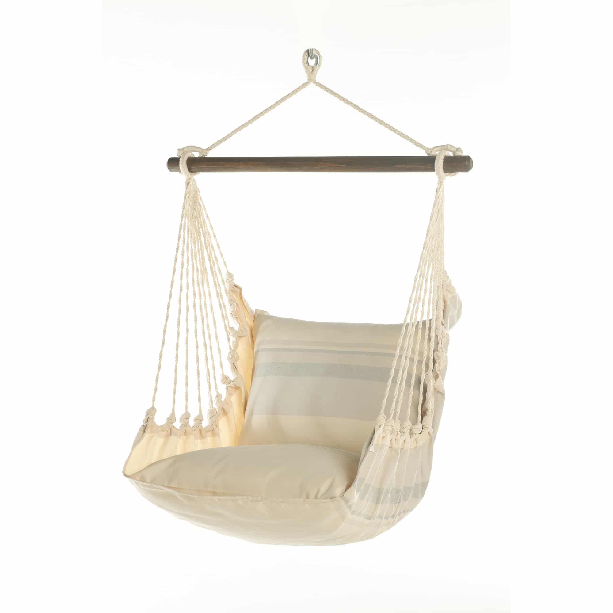 Multi colored outdoor swing crafted by the artisans of Magnolia Casual called the Swing Set 4 piece Magnolia Stripe w/ Magnolia Stripe featuring 100 percent weather resistant fabric, weather resistant polyester fabric, handcrafted shown against a clean backdrop featuring with a magnolia motif.