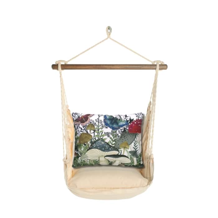 Multi colored outdoor swing crafted by the artisans of Magnolia Casual called the Swing Set 4 piece Magnolia Stripe w/ Botanical Mushrooms 2 featuring 100 percent weather resistant fabric, weather resistant polyester fabric, handcrafted shown against a clean backdrop featuring with a magnolia motif.