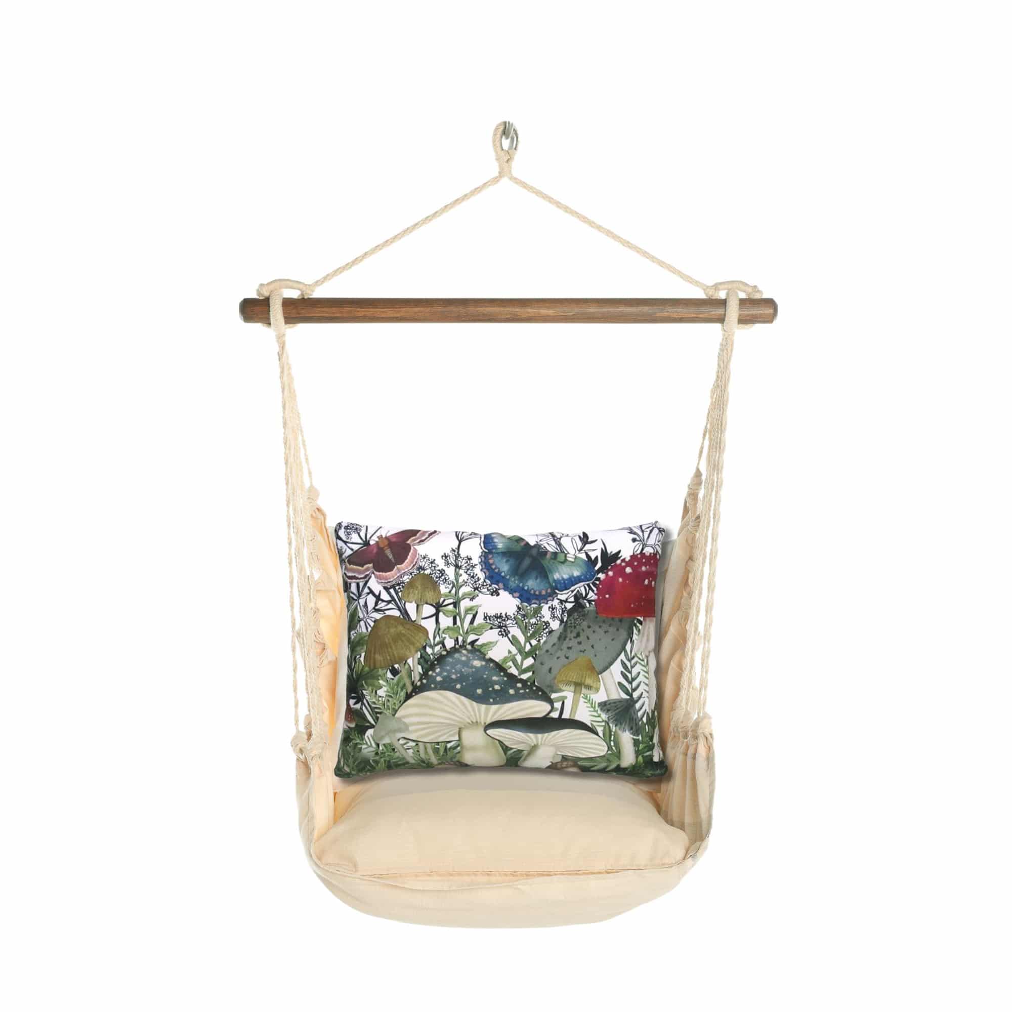 Multi colored outdoor swing crafted by the artisans of Magnolia Casual called the Swing Set 4 piece Magnolia Stripe w/ Botanical Mushrooms 2 featuring 100 percent weather resistant fabric, weather resistant polyester fabric, handcrafted shown against a clean backdrop featuring with a magnolia motif.