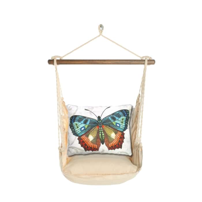 Multi colored outdoor swing crafted by the artisans of Magnolia Casual called the Swing Set 4 piece Magnolia Stripe w/ Butterfly M2 featuring 100 percent weather resistant fabric, weather resistant polyester fabric, handcrafted shown against a clean backdrop featuring with a magnolia motif.