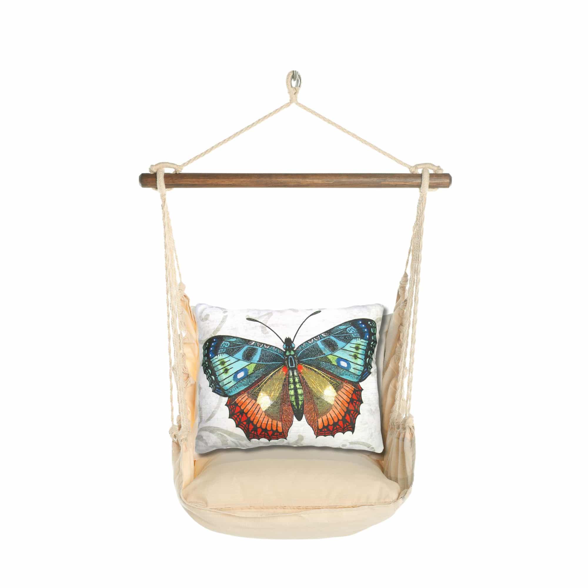 Multi colored outdoor swing crafted by the artisans of Magnolia Casual called the Swing Set 4 piece Magnolia Stripe w/ Butterfly M2 featuring 100 percent weather resistant fabric, weather resistant polyester fabric, handcrafted shown against a clean backdrop featuring with a magnolia motif.